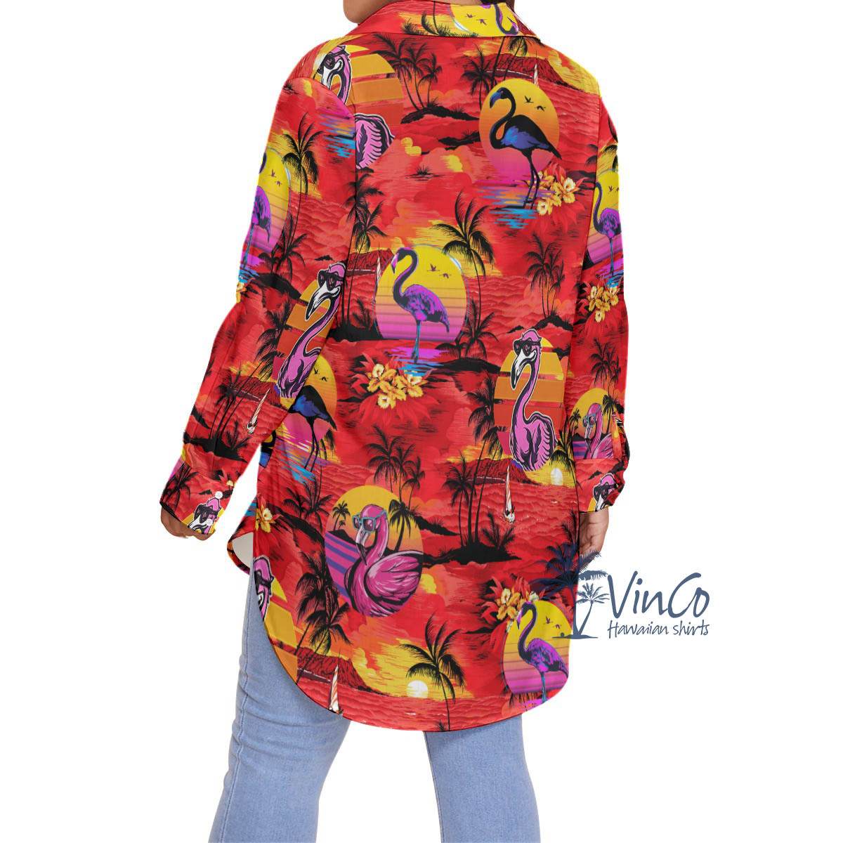 Funny Flamingo Tropical Red Hawaiian Plus Size Shirt For Women