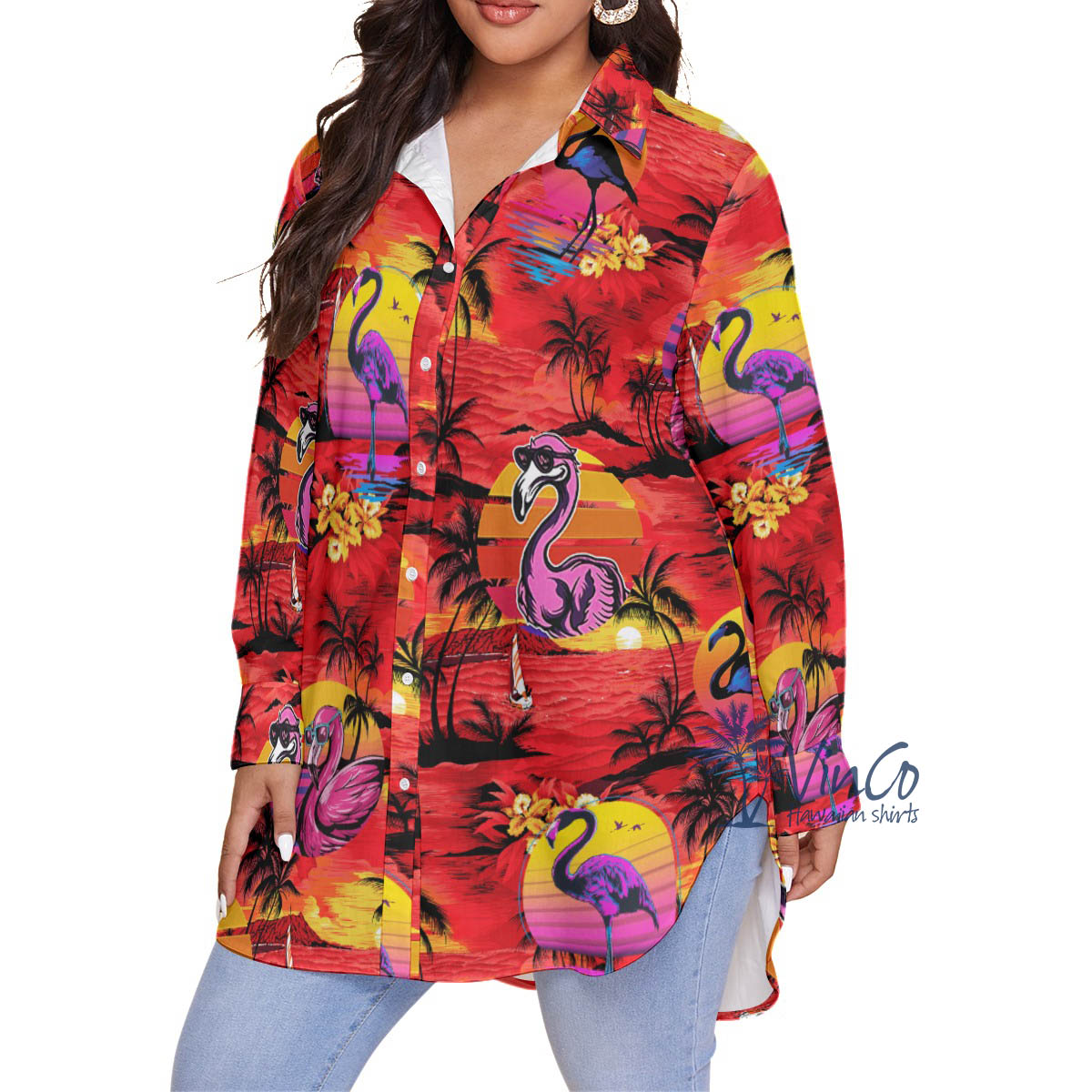 Funny Flamingo Tropical Red Hawaiian Plus Size Shirt For Women