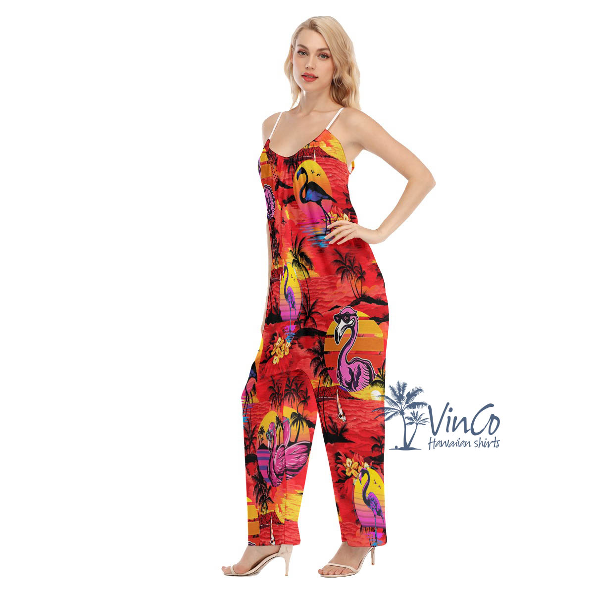 Funny Flamingo Tropical Red Hawaiian Jumpsuit For Women