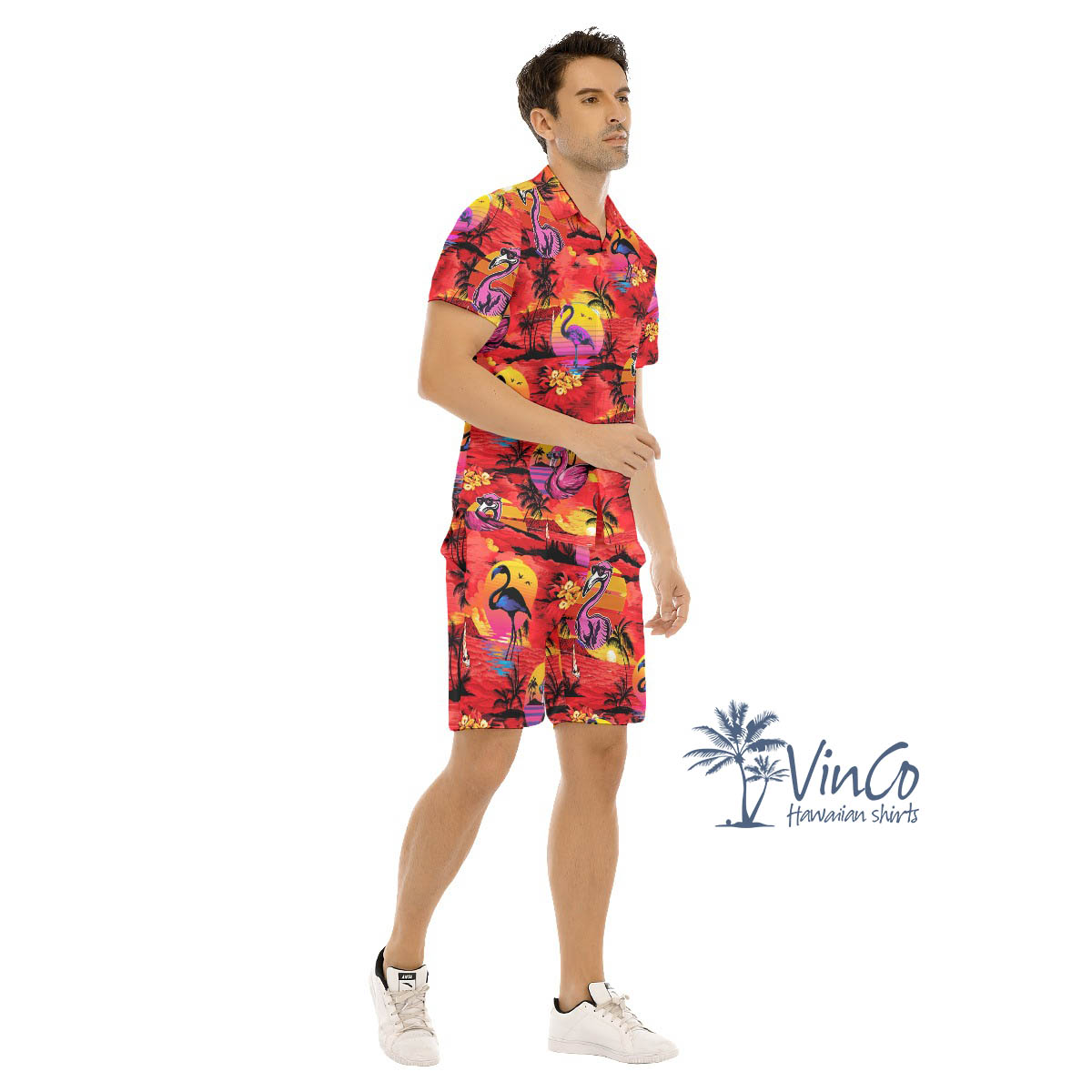 Set Flamingo Tropical Hawaiian Shirt And Matching Shorts For Men