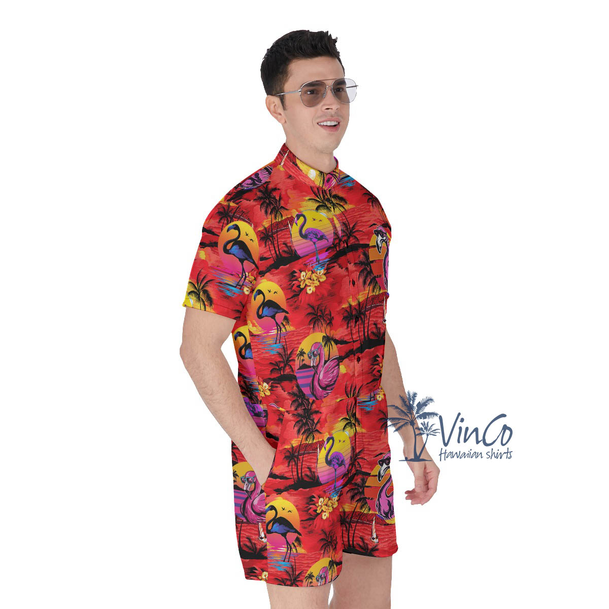 Funny Flamingo Tropical Palm Tree Hawaiian Romper For Men