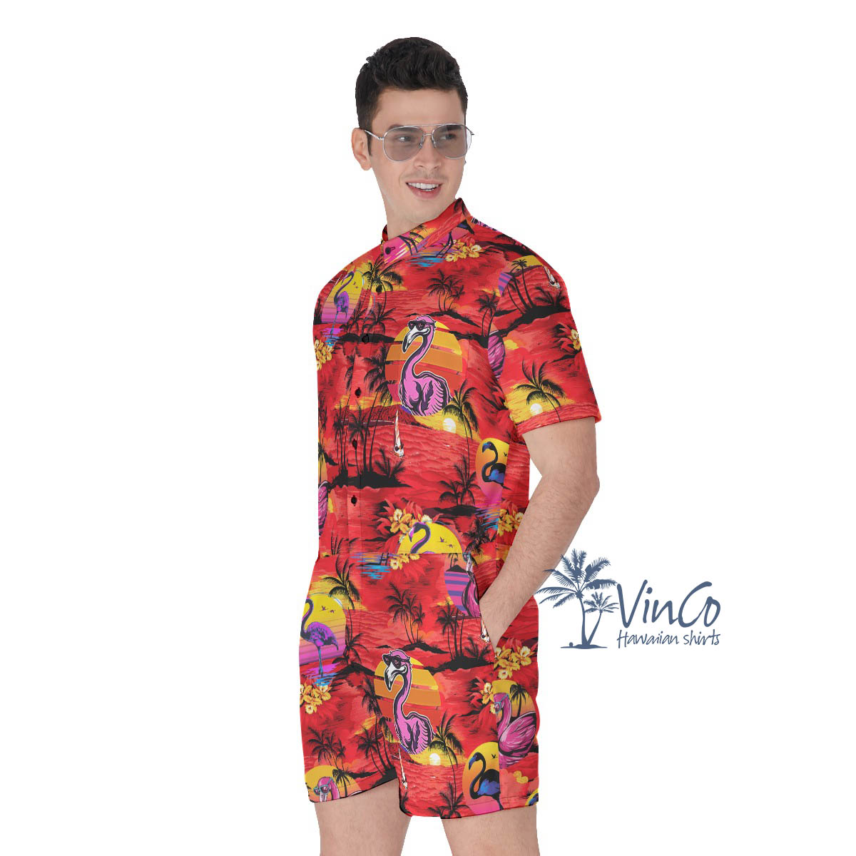 Funny Flamingo Tropical Palm Tree Hawaiian Romper For Men