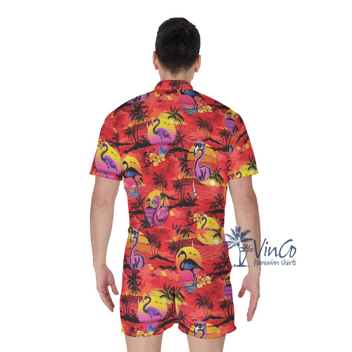 Funny Flamingo Tropical Palm Tree Hawaiian Romper For Men
