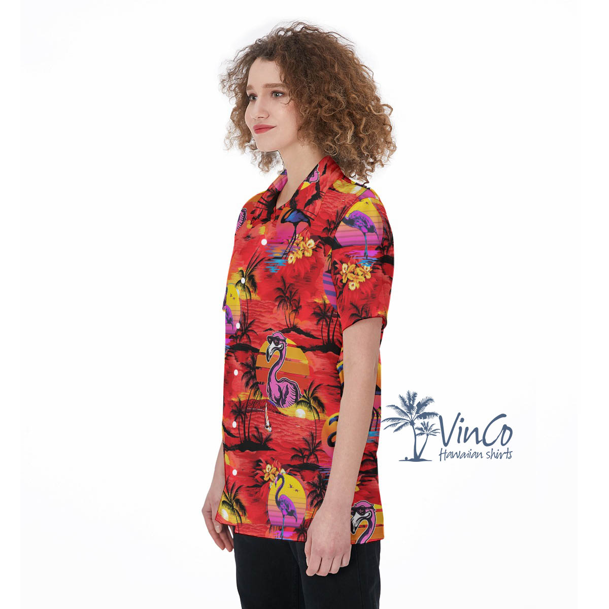 Tropical Palm Tree Flamingo Red Aloha Shirt For Women
