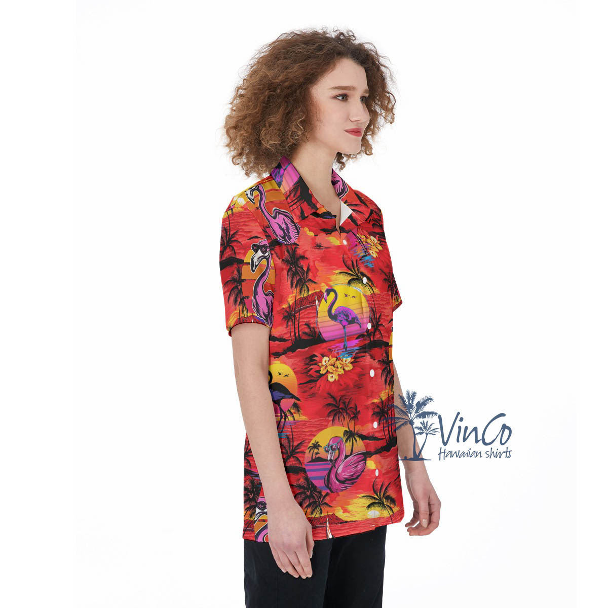 Tropical Palm Tree Flamingo Red Aloha Shirt For Women
