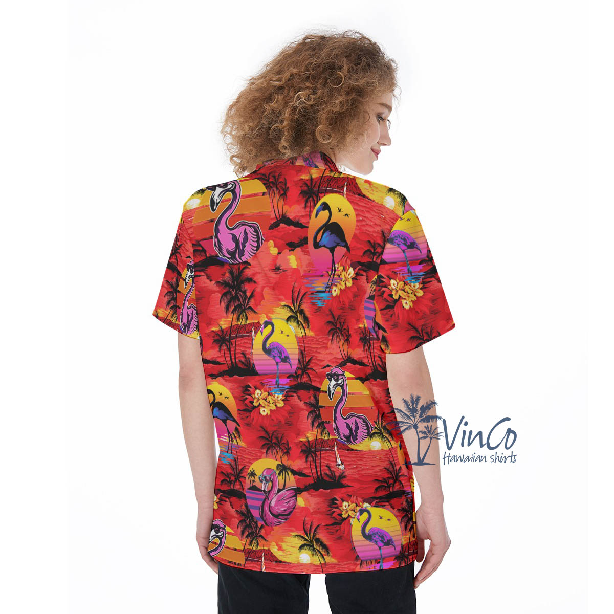 Tropical Palm Tree Flamingo Red Aloha Shirt For Women