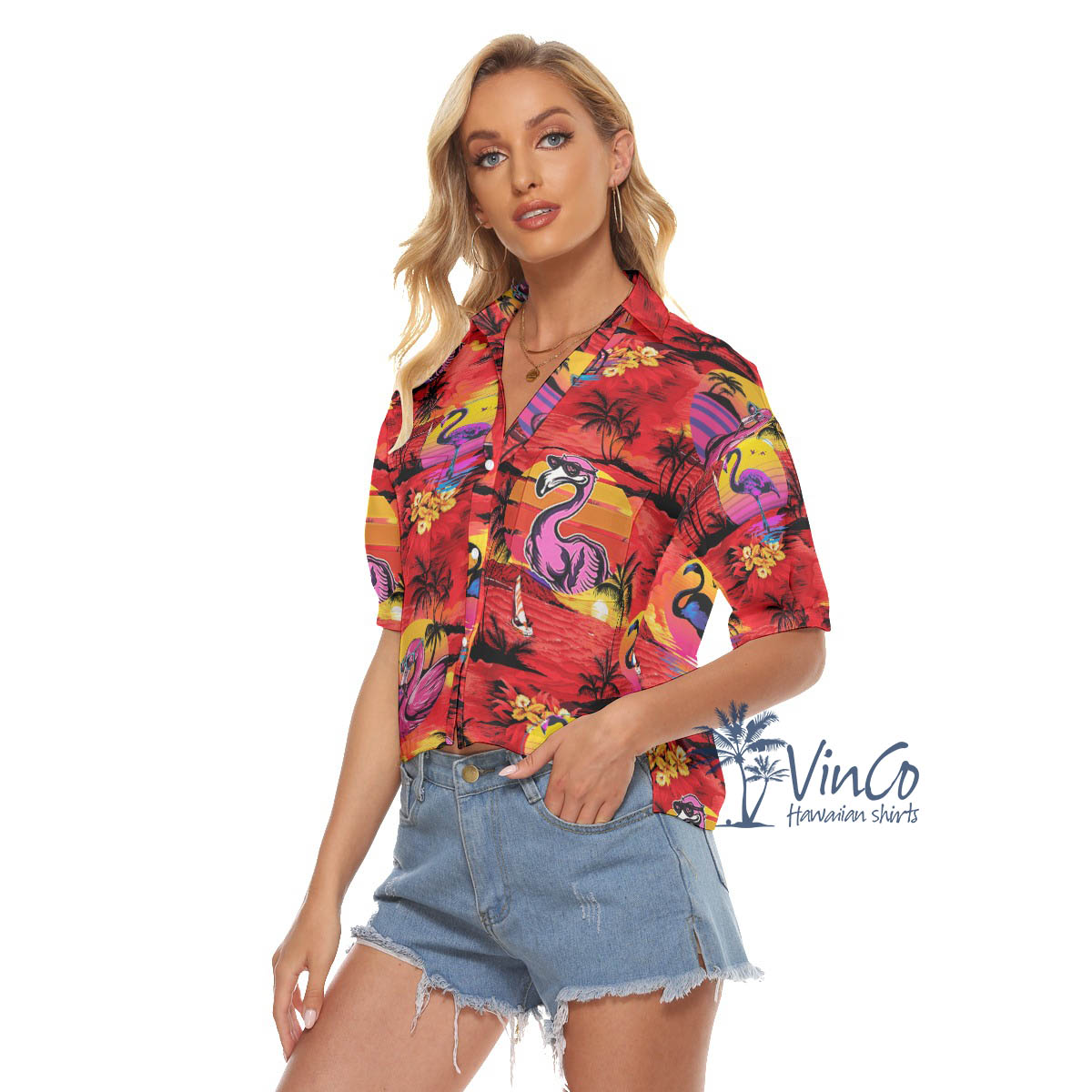 Funny Flamingo Tropical Palm Tree Hawaiian Crop Top Shirt For Women
