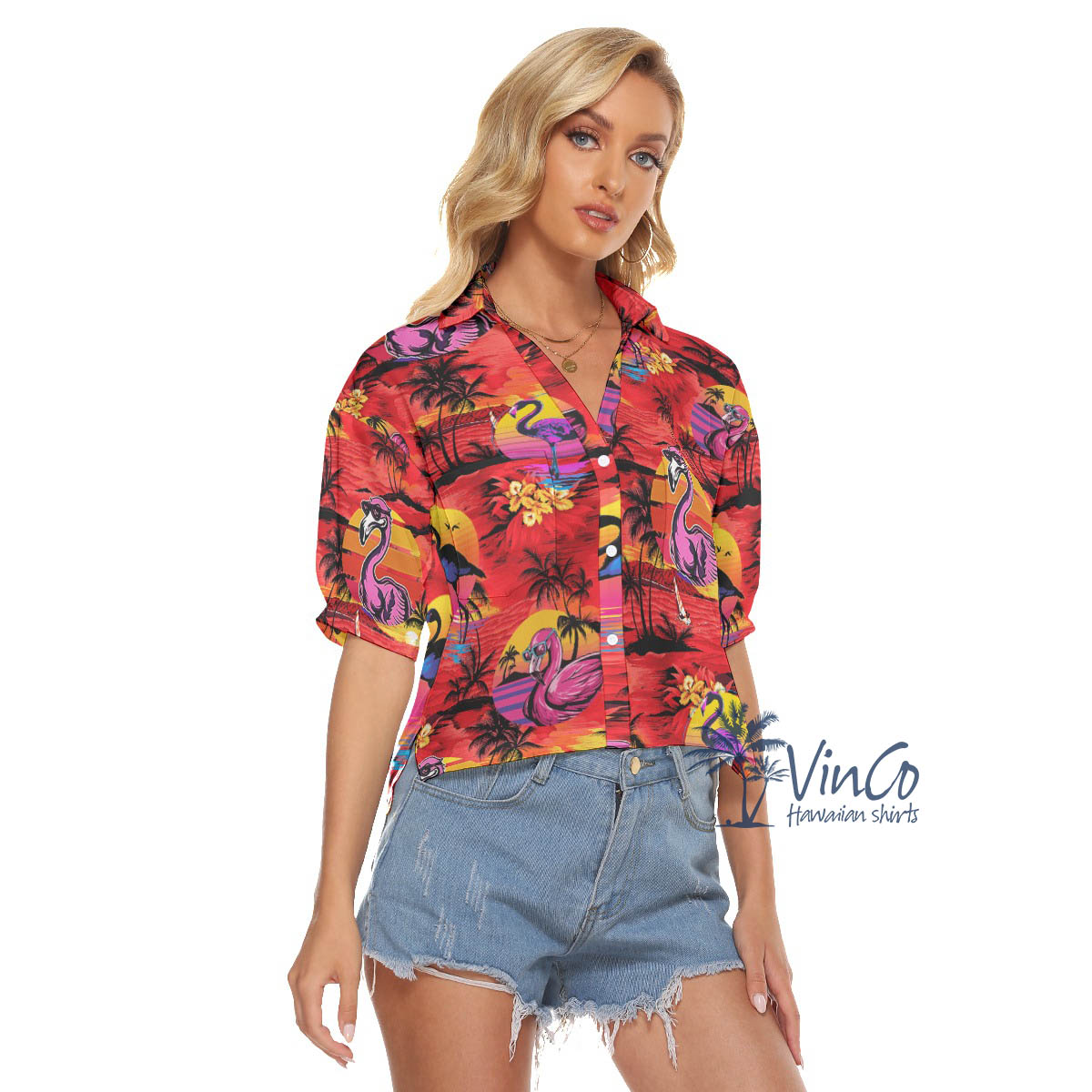 Funny Flamingo Tropical Palm Tree Hawaiian Crop Top Shirt For Women