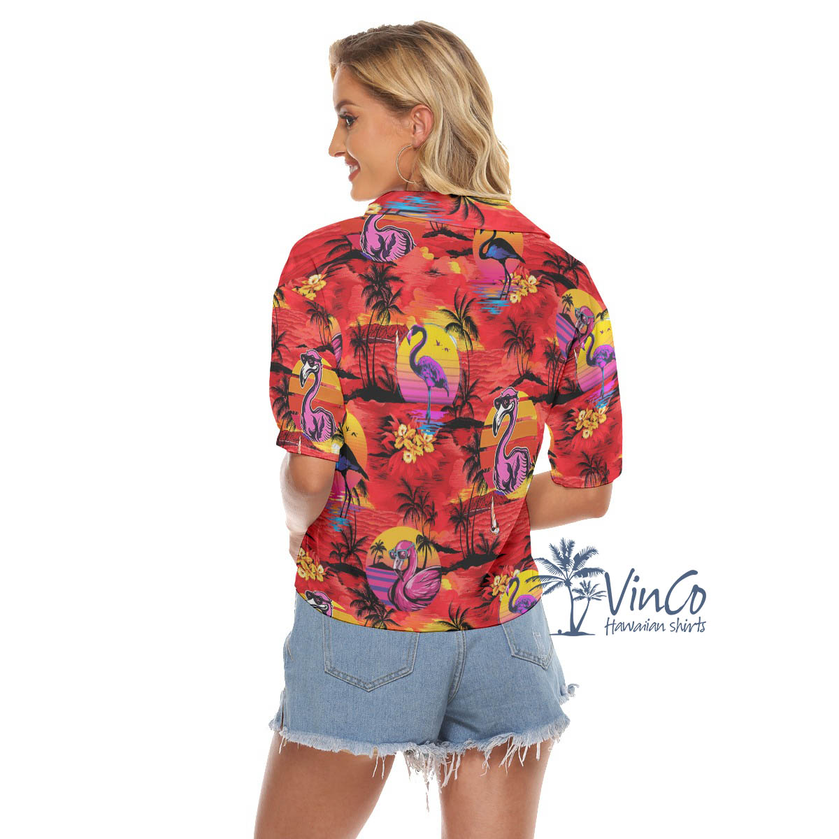 Funny Flamingo Tropical Palm Tree Hawaiian Crop Top Shirt For Women