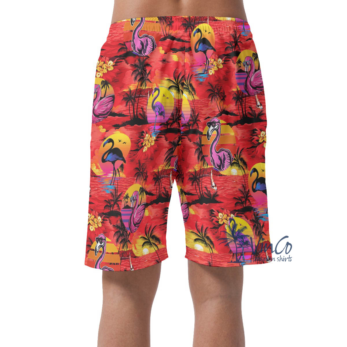 Tropical Beach Scene Flamingo Hawaiian Shorts For Men