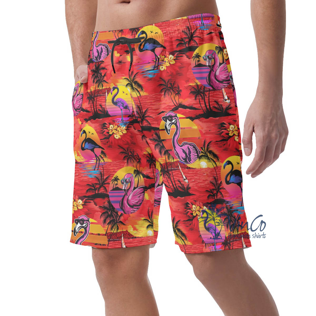 Tropical Beach Scene Flamingo Hawaiian Shorts For Men