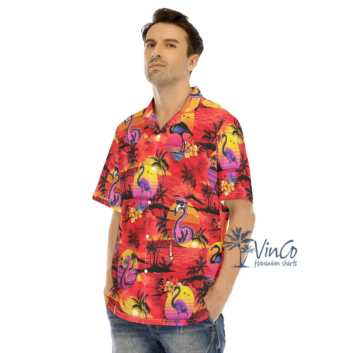 Funny Flamingo Tropical Beach Scene Red Hawaiian Shirt