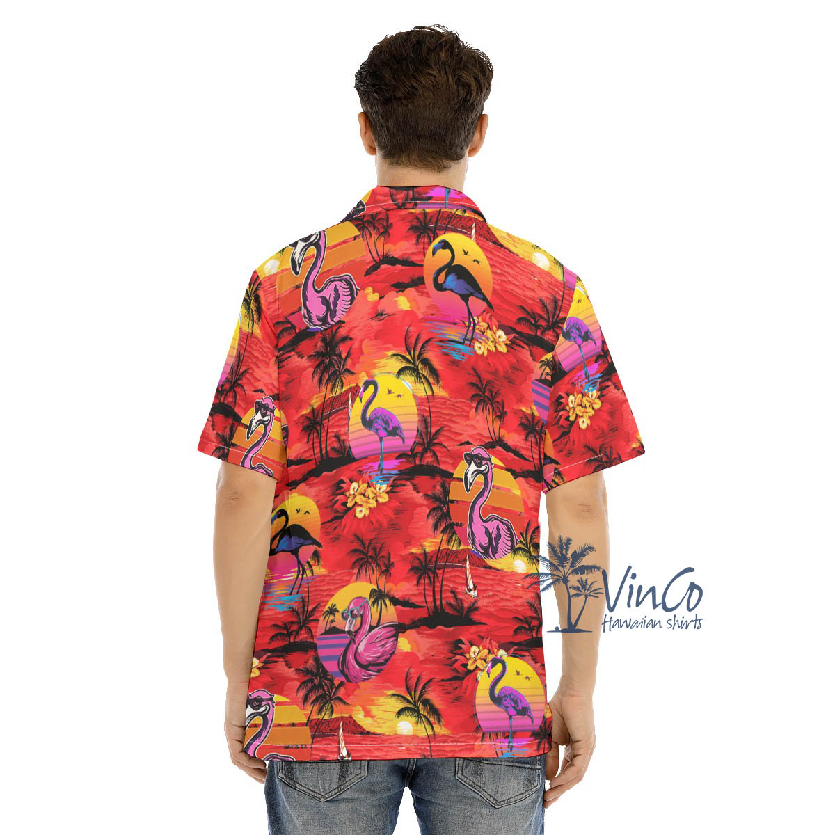 Funny Flamingo Tropical Beach Scene Red Hawaiian Shirt