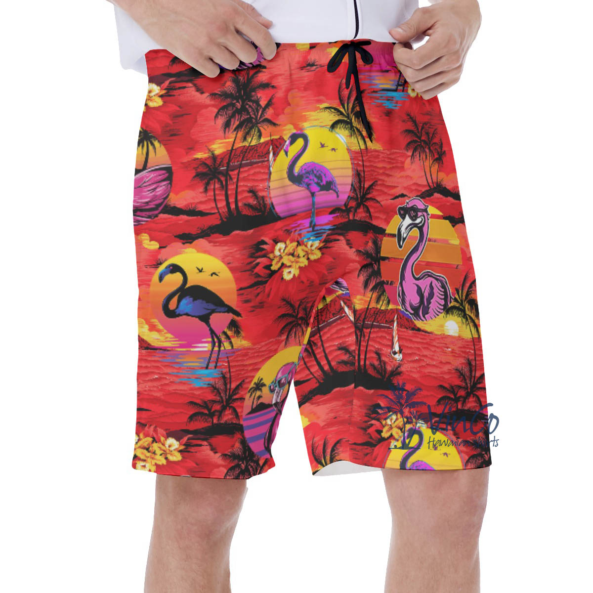 Funny Flamingo Tropical Red Hawaiian Swim Trunks For Men