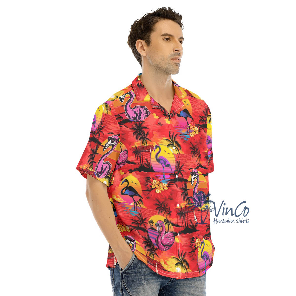Funny Flamingo Tropical Beach Scene Red Hawaiian Shirt