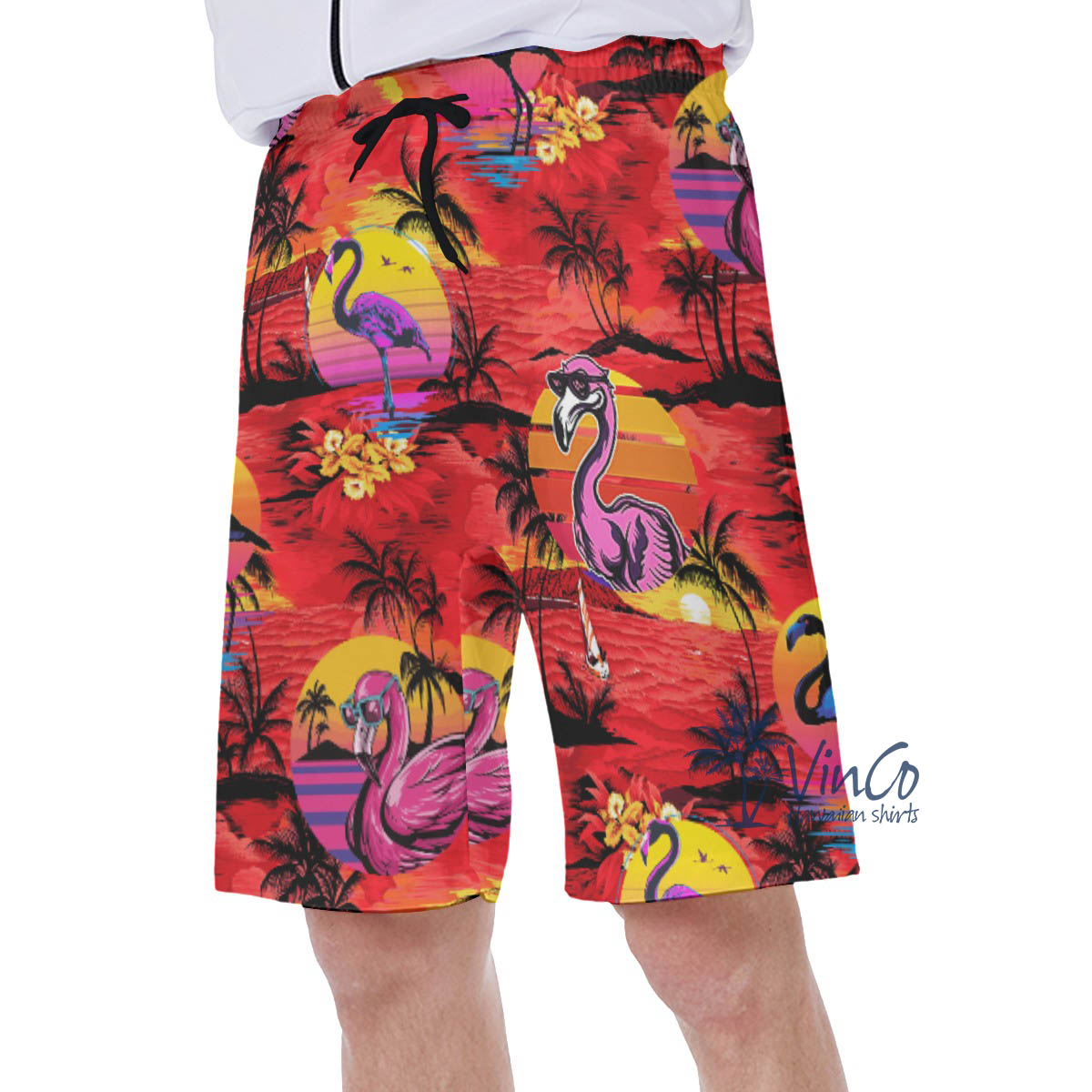 Funny Flamingo Tropical Red Hawaiian Swim Trunks For Men