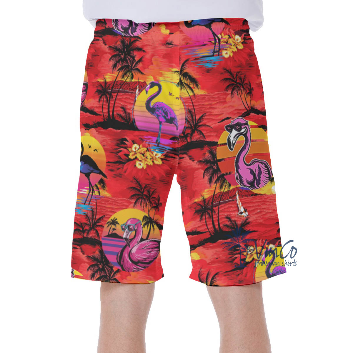 Funny Flamingo Tropical Red Hawaiian Swim Trunks For Men