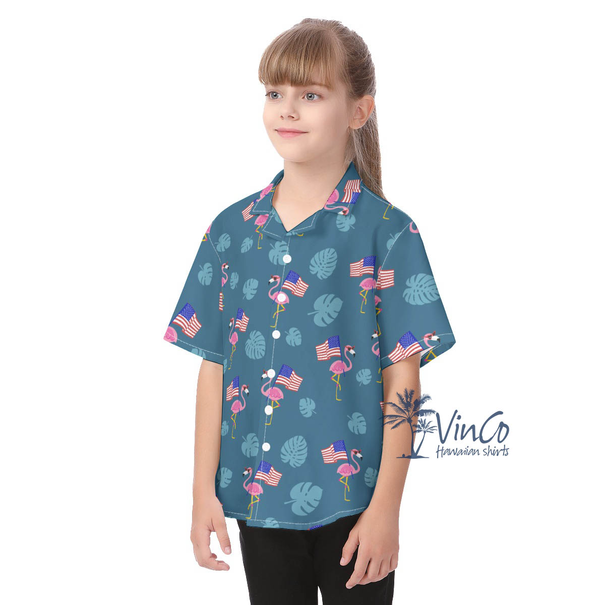 Flamingo Patriotic Hawaiian Button Up Shirt For Kids