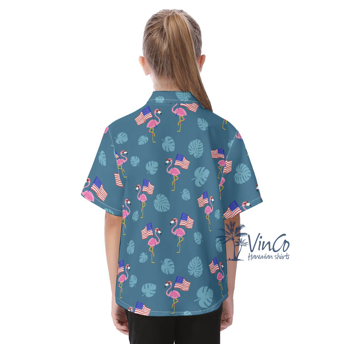 Flamingo Patriotic Hawaiian Button Up Shirt For Kids
