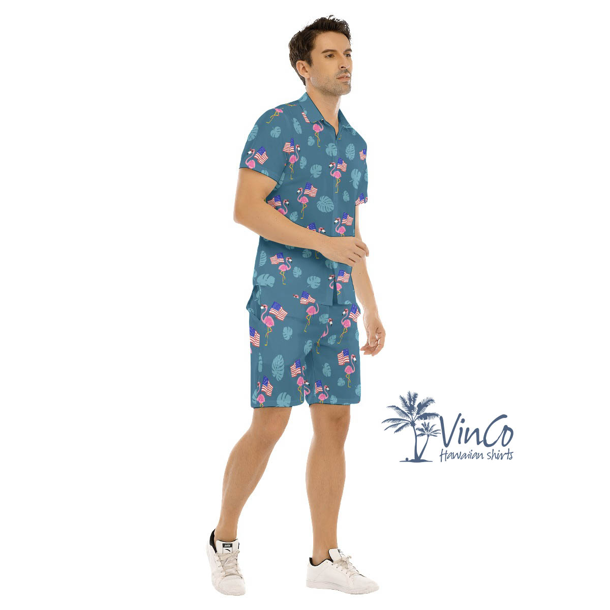Men's Flamingo Patriotic Hawaiian Shirt Shorts Set