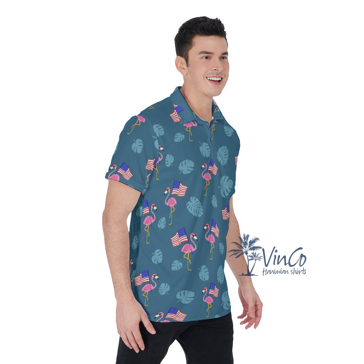Cool Flamingo 4th Of July Hawaiian Polo Shirt For Men