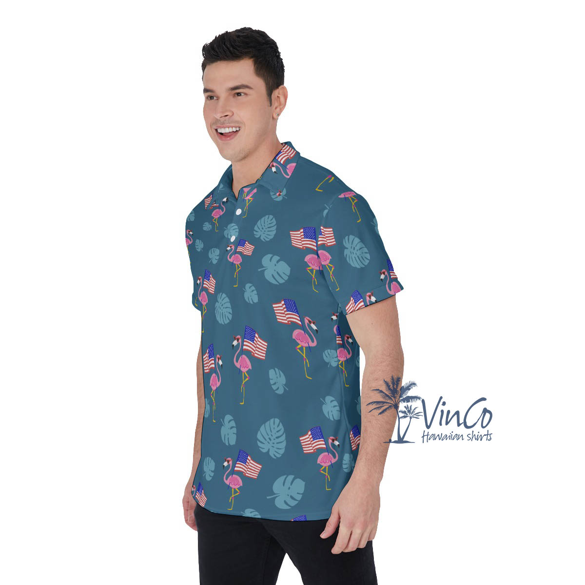 Cool Flamingo 4th Of July Hawaiian Polo Shirt For Men