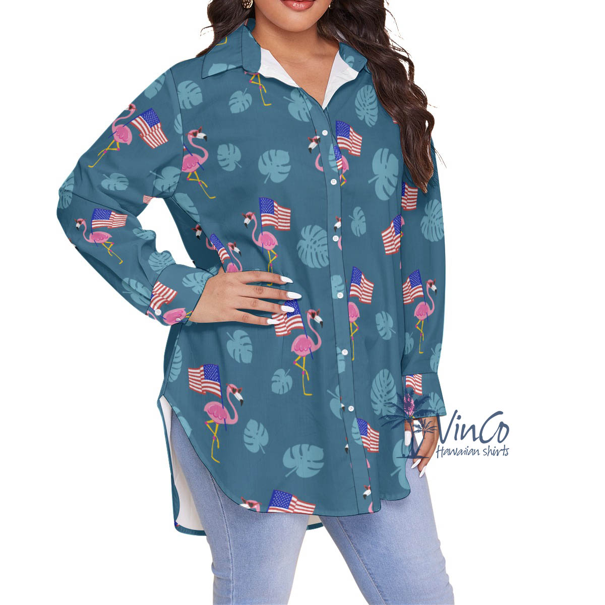 Women's Flamingo Patriotic Plus Size Hawaiian Shirt