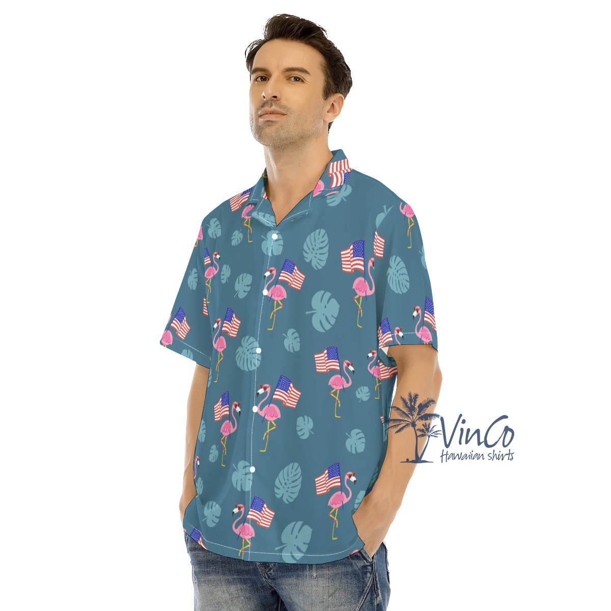 Navy Flamingo Patriotic Hawaiian Shirt For Men
