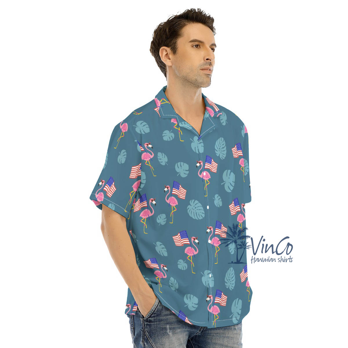 Navy Flamingo Patriotic Hawaiian Shirt For Men