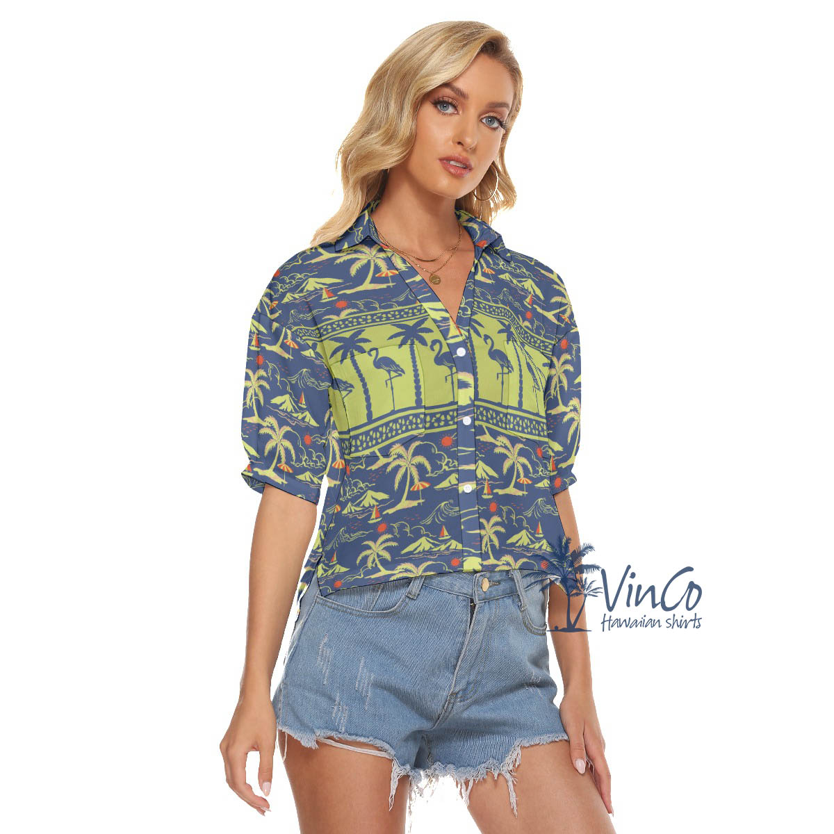 Women's Flamingo Hawaiian Cropped Shirt For Summer