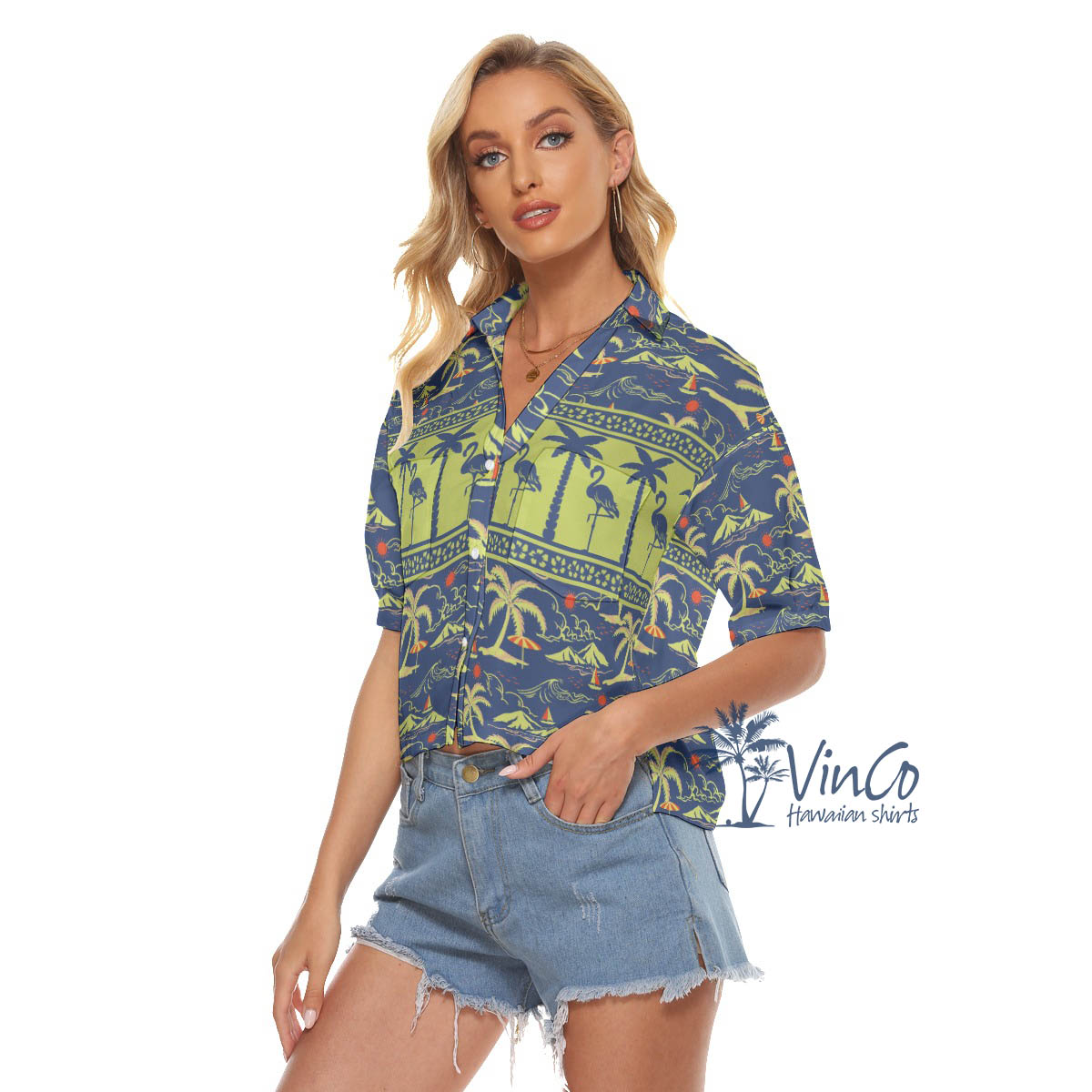 Women's Flamingo Hawaiian Cropped Shirt For Summer