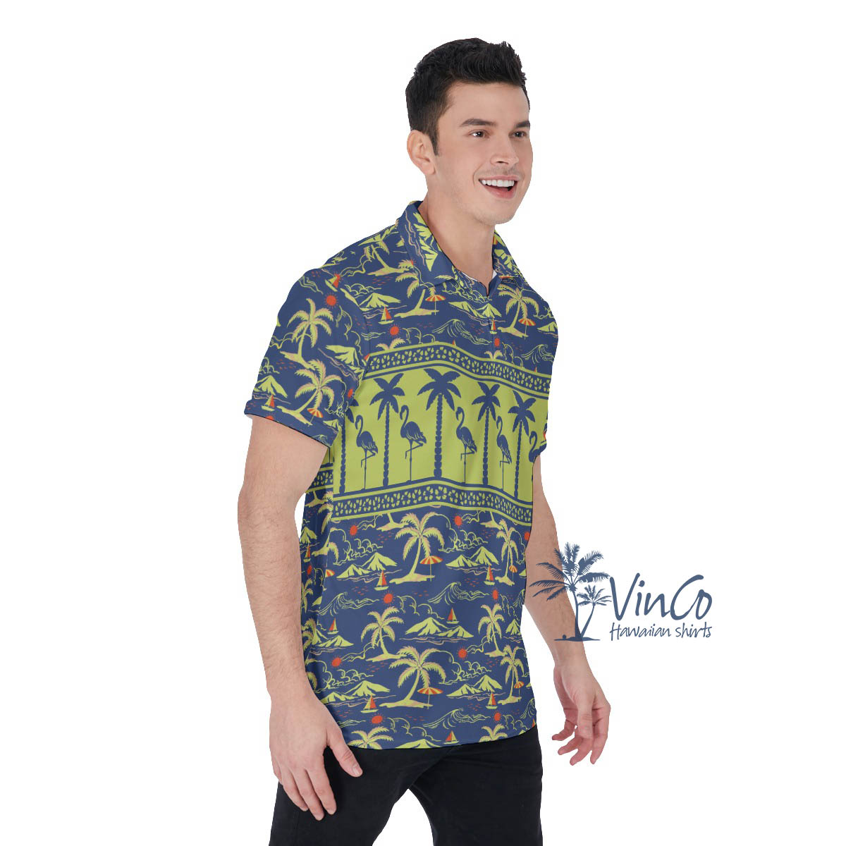 Green Flamingo Hawaiian Polo Golf Shirt For Men
