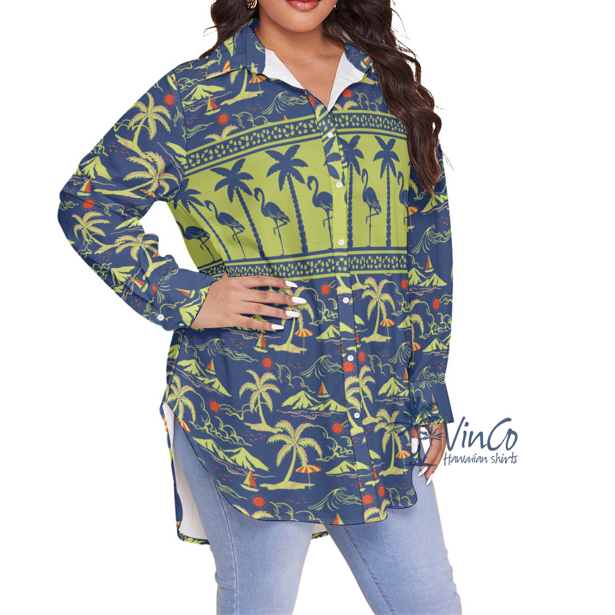 Green Flamingo Plus Size Hawaiian Shirt For Women