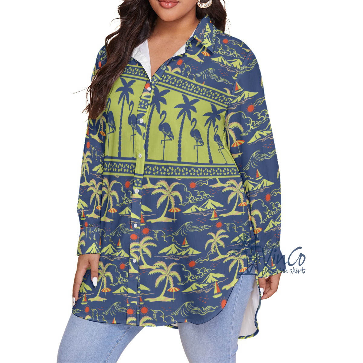 Green Flamingo Plus Size Hawaiian Shirt For Women