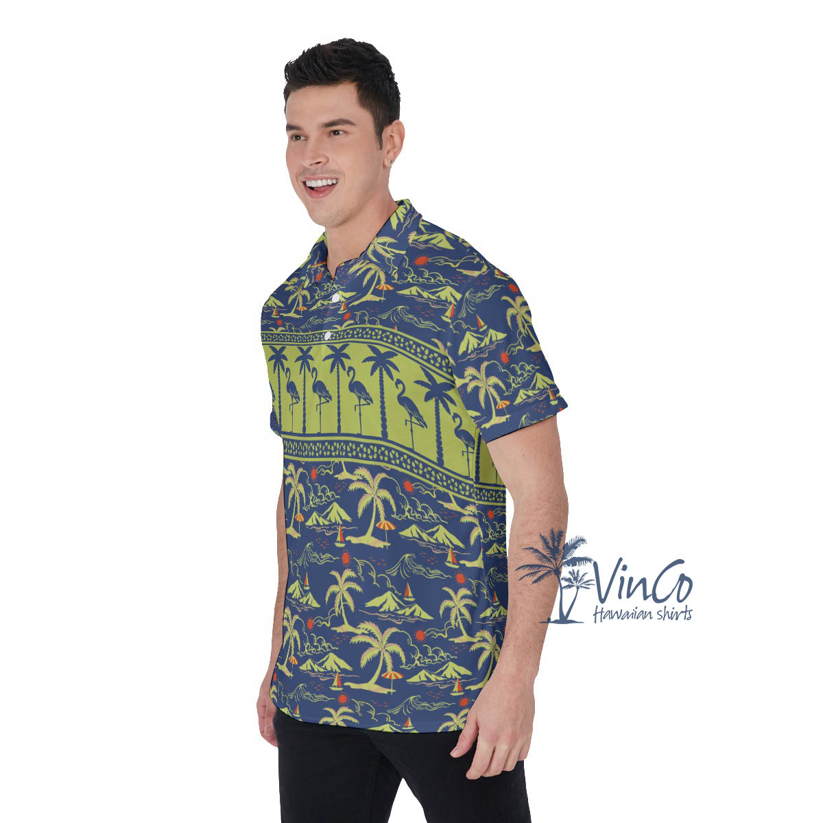 Green Flamingo Hawaiian Polo Golf Shirt For Men