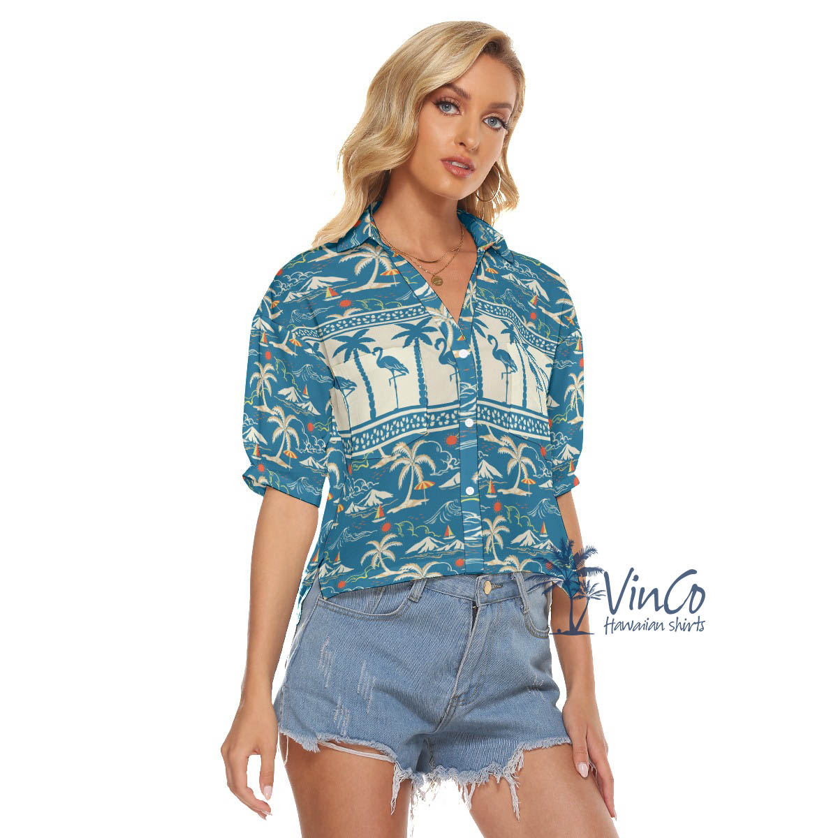 Vintage Flamingo Hawaiian Cropped Shirt For Women