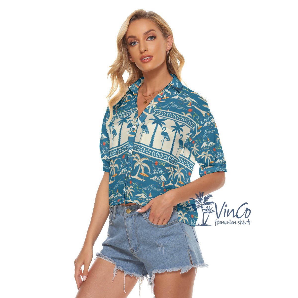 Vintage Flamingo Hawaiian Cropped Shirt For Women