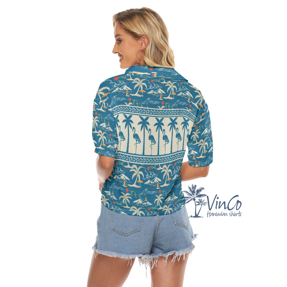 Vintage Flamingo Hawaiian Cropped Shirt For Women