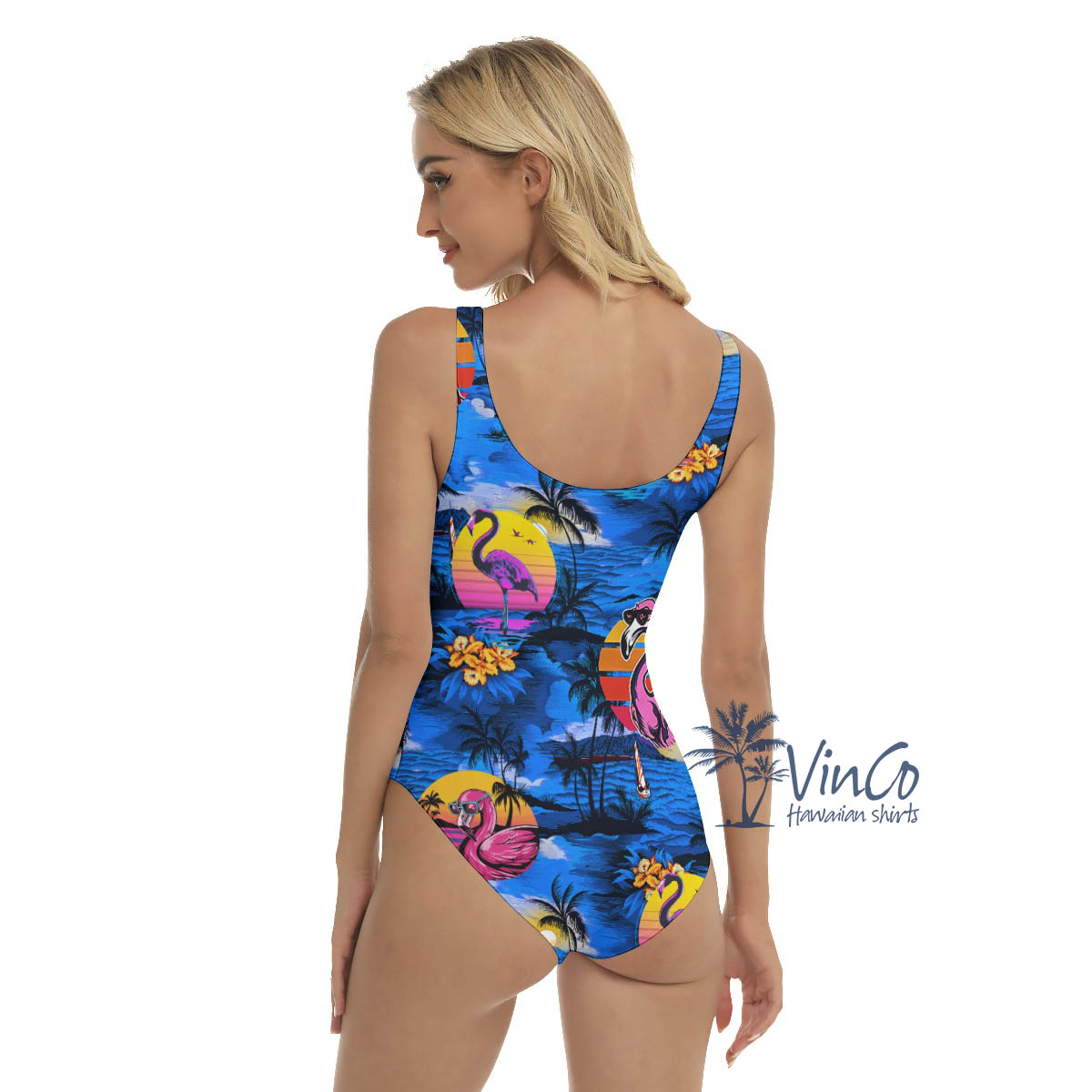 Tropical Flamingo Summer Navy Hawaiian Swimsuit For Women