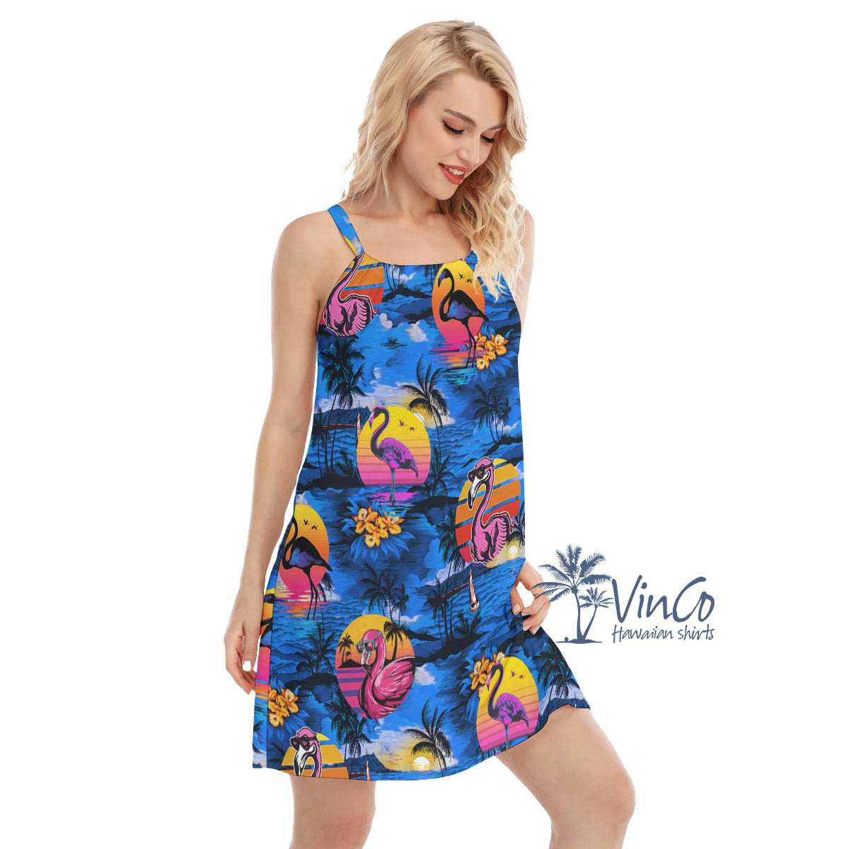 Funny Flamingo Tropical Beach Scene Summer Hawaiian Dresses
