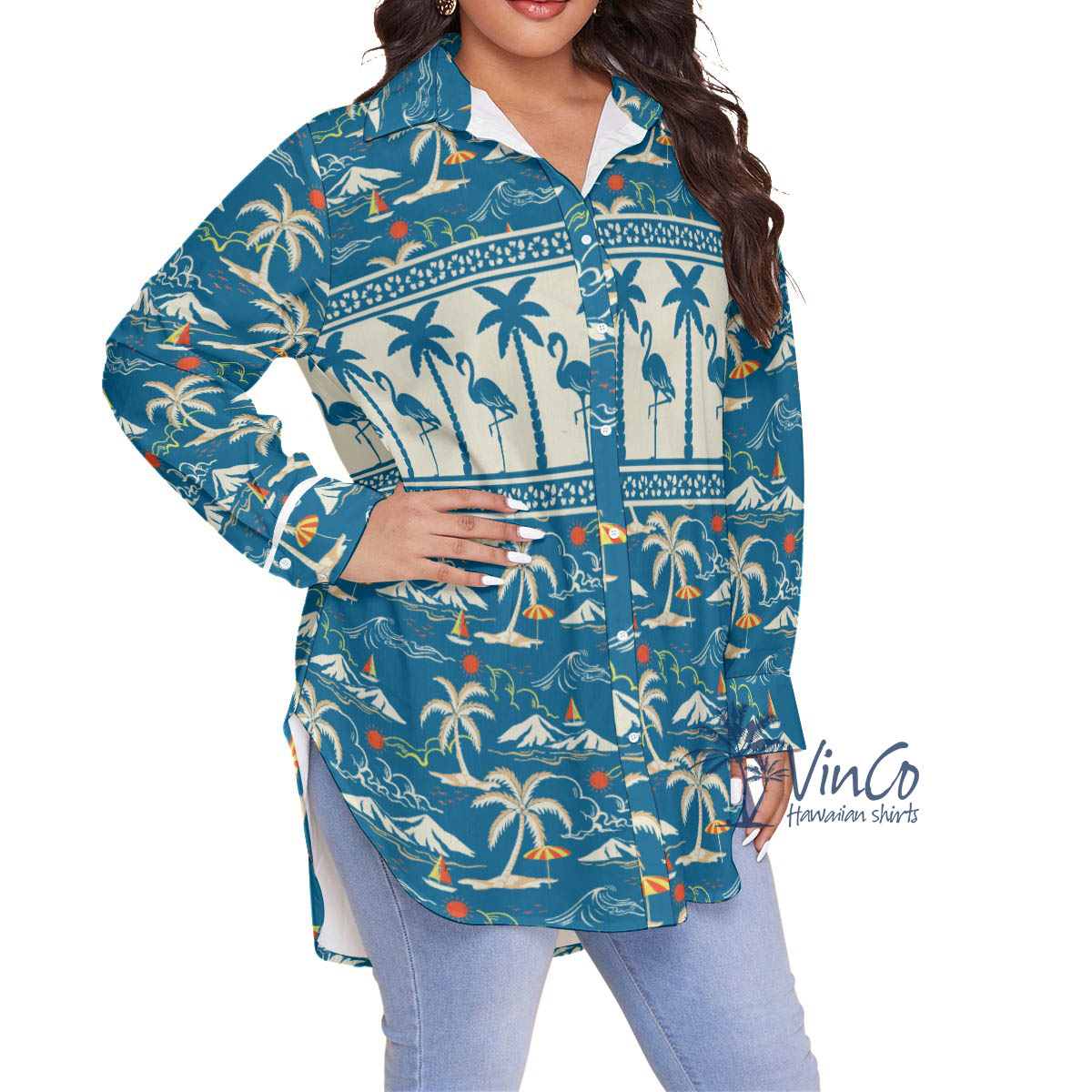 Pretty Flamingo Plus Size Aloha Shirt For Women