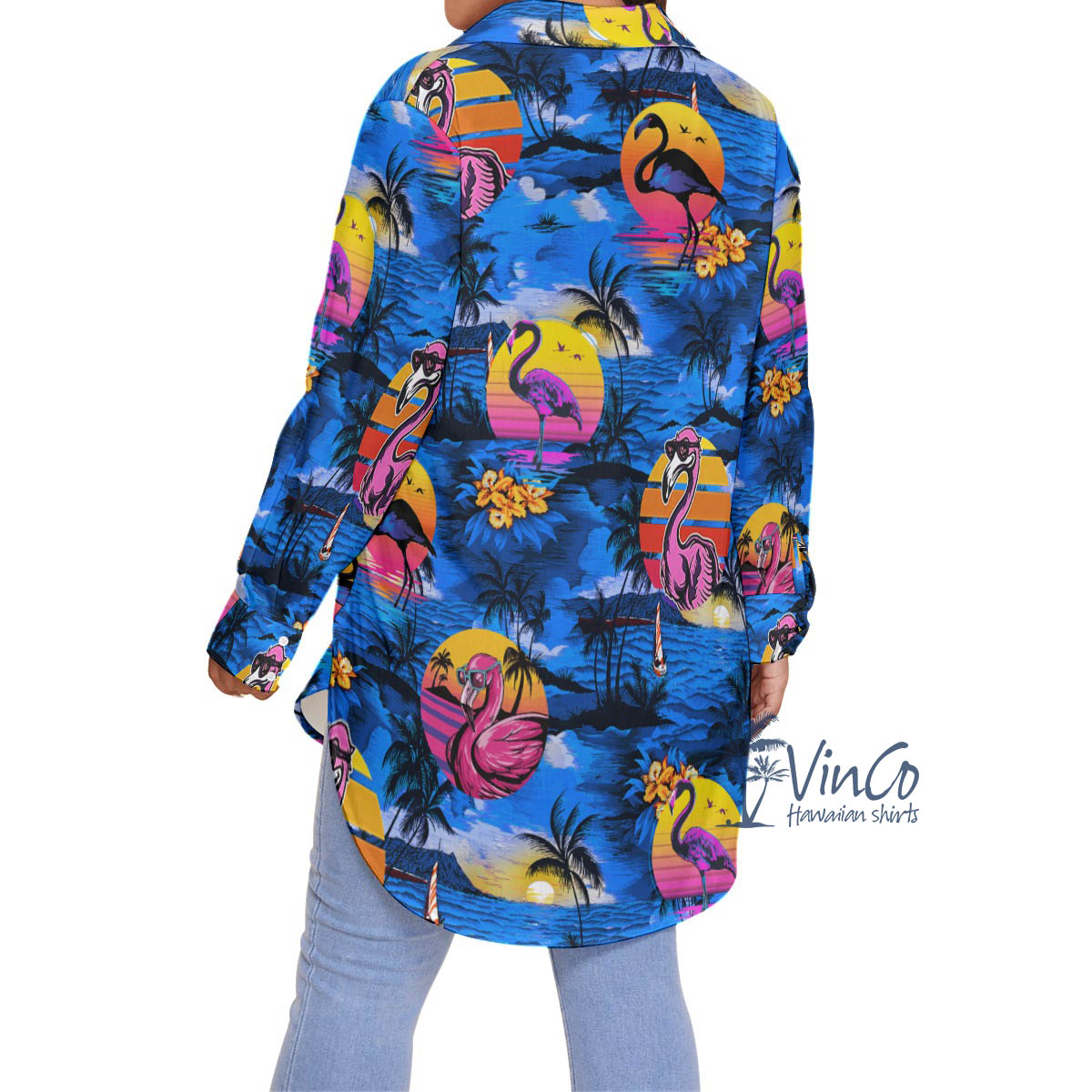Funny Flamingo Tropical Navy Hawaiian Oversized Shirt For Women