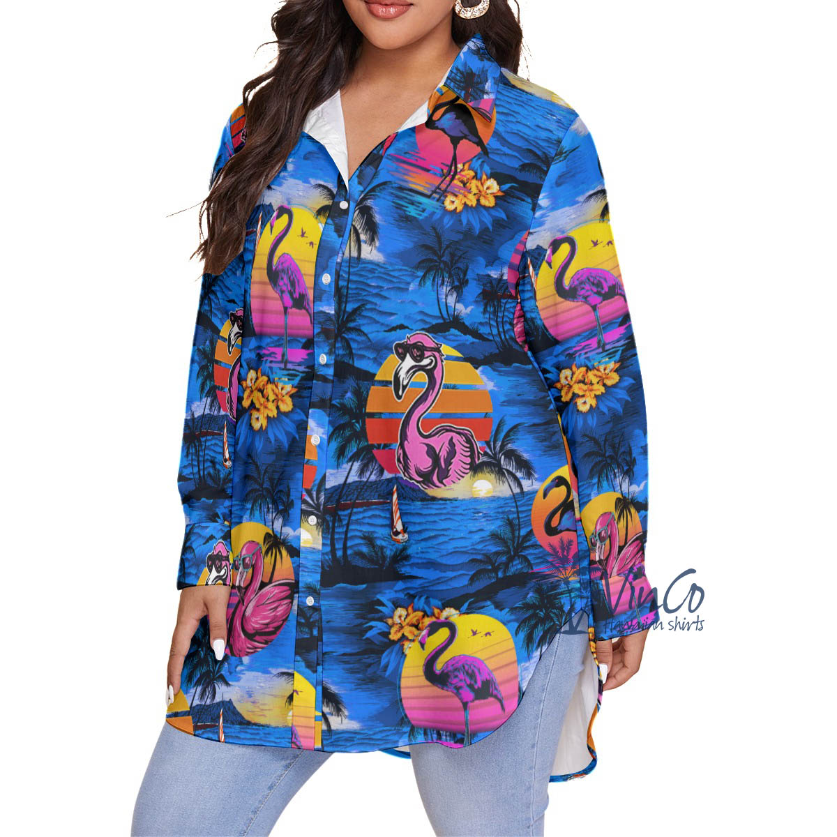 Funny Flamingo Tropical Navy Hawaiian Oversized Shirt For Women