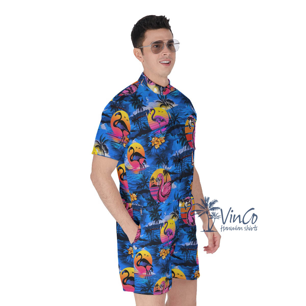 Funny Flamingo Tropical Beach Scene Hawaiian Romper For Men