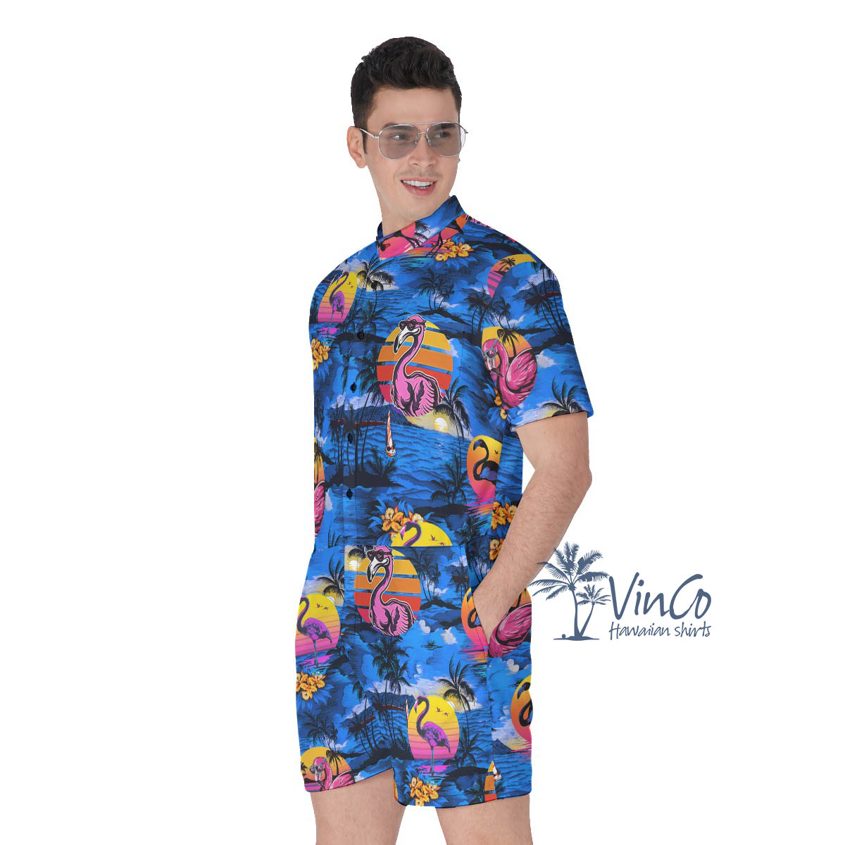 Funny Flamingo Tropical Beach Scene Hawaiian Romper For Men
