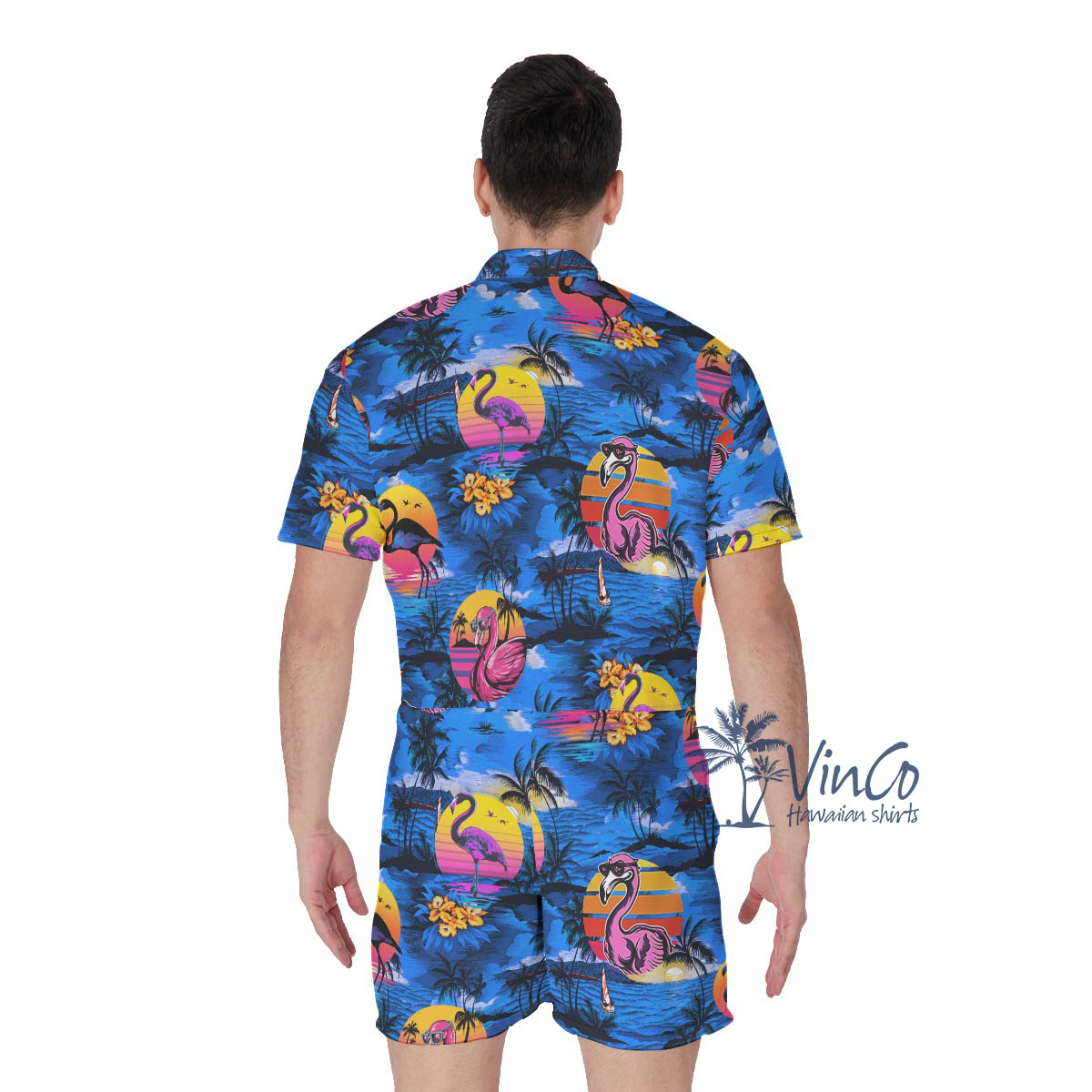 Funny Flamingo Tropical Beach Scene Hawaiian Romper For Men