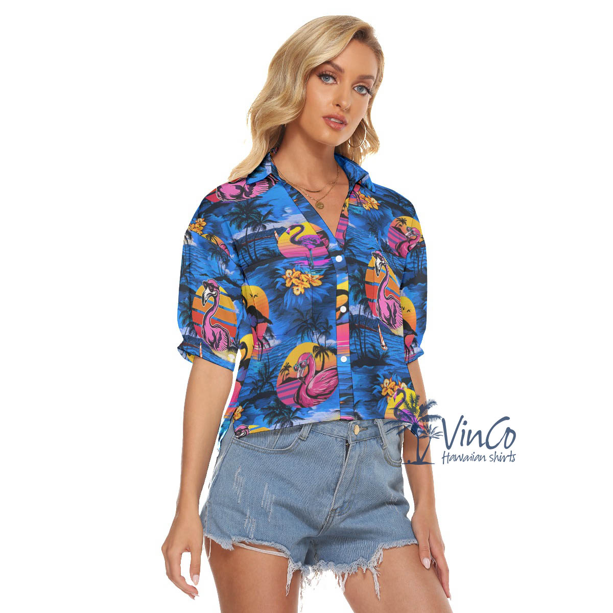 Funny Flamingo Tropical Navy Hawaiian Crop Top Shirt For Women