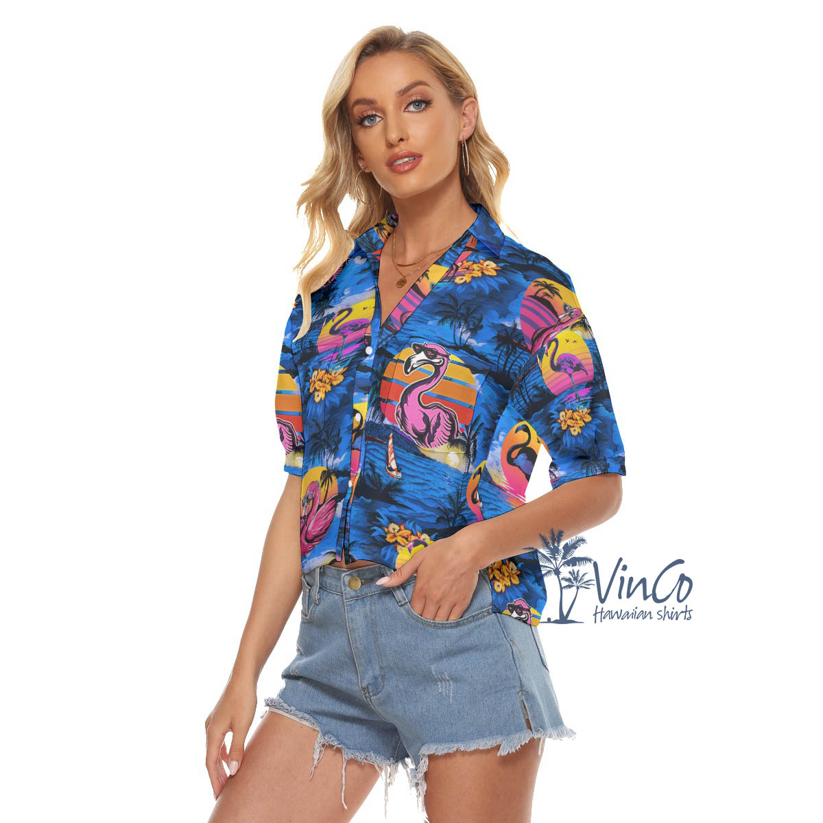 Funny Flamingo Tropical Navy Hawaiian Crop Top Shirt For Women