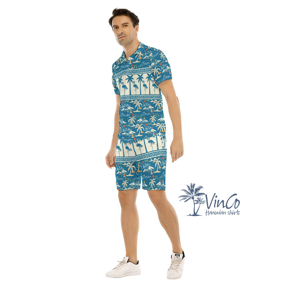 Blue Men's Flamingo Aloha Shirt Set