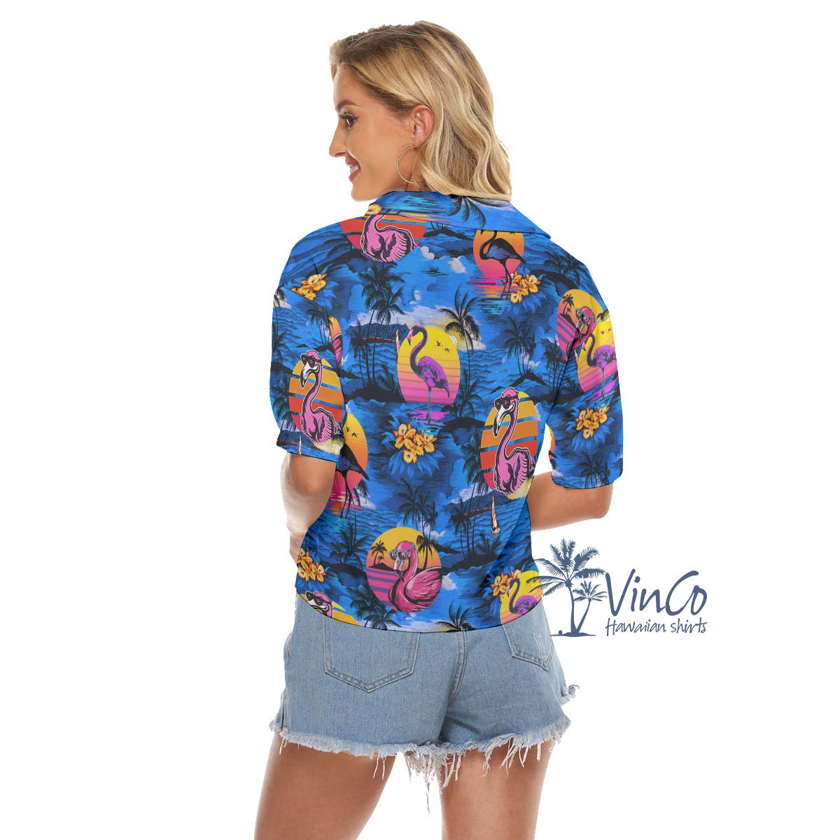Funny Flamingo Tropical Navy Hawaiian Crop Top Shirt For Women